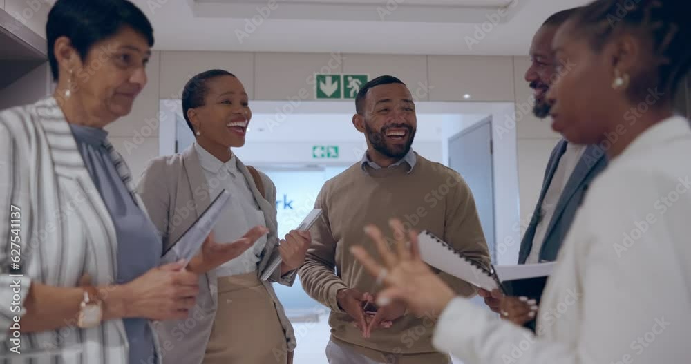 Happy business people, laughing and funny joke in meeting for team building or communication in the hallway. Group of employees talking together for fun social or teamwork in happiness at workplace Happy business people, laughing and funny joke in meeting for team building or communication in the hallway. Group of employees talking together for fun social or teamwork in happiness at workplace