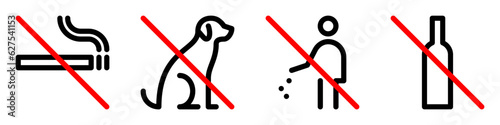 No smoking, dogs, trash, alcohol line icons