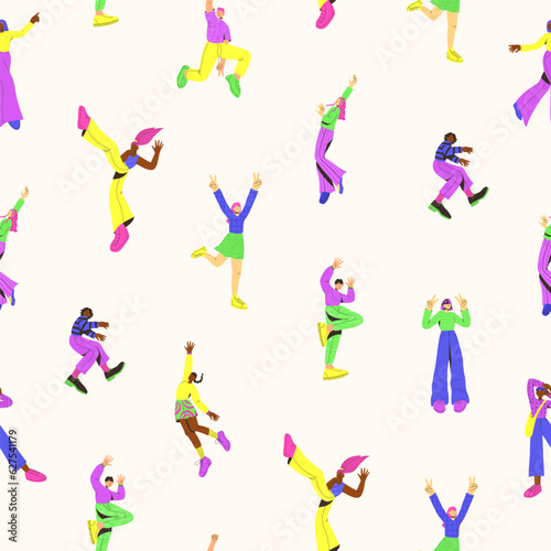 Vector seamless pattern with young peoples in trendy colors on the white background. Flat style. Funny character. Student in school or university. International day of young people. Ideal for gift