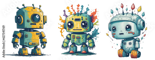 Collection of Watercolor Cute Baby Robot Isolated on Transparent And White Background.