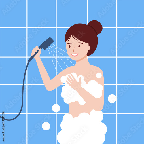 woman taking shower in bathroom flat design.