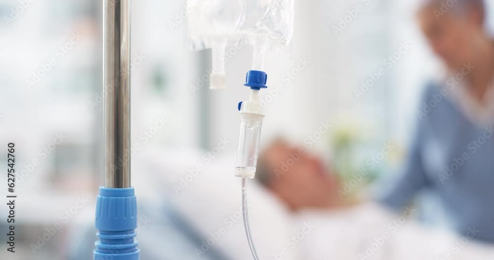Hospital, iv drip and bag for medicine, healthcare and nutrition with couple in clinic. Intravenous liquid, water and saline solution for infusion, healing and recovery, rehabilitation and wellness