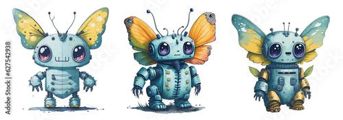 Collection of Watercolor Cute Butterfly Robot Isolated on Transparent And White Background.