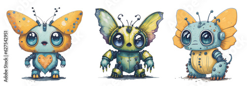 Collection of Watercolor Cute Butterfly Robot Isolated on Transparent And White Background.