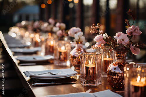Elegant table setting with beautyful flowers and candles in restaurant. Selective focus.