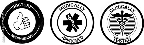 Medically approved, clinically tested and doctors recommended stamp and badges for medical products marketing and pharmaceutical promotion. photo