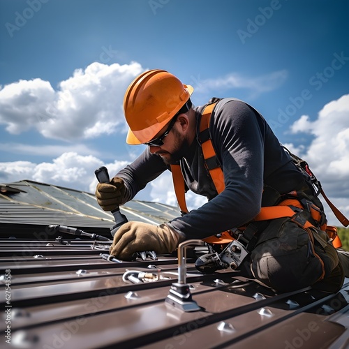 Construction worker, Install, New roof, Roofing tools, Concept, Construction, Roofing, Roofer, Home improvement, Building, Industry, Repair, Safety, Hard hat, Worksite, House, Residential, Renovation,