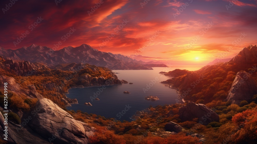 Sunset over cover, sunset over bay, a serene bay surrounded by rugged mountains, with the sun setting, casting a fiery hue over the scene.
