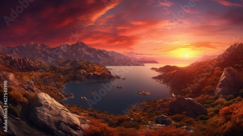 Sunset over cover, sunset over bay, a serene bay surrounded by rugged mountains, with the sun setting, casting a fiery hue over the scene. © DigitalArt