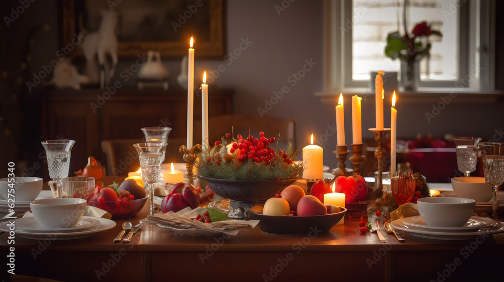A Dining Room Table Set with a Beautiful Centerpiece and Holiday-Themed Decorations, Ready for a Joyful Christmas Celebration. Generative AI A Dining Room Table Set with a Beautiful Centerpiece and Holiday-Themed Decorations, Ready for a Joyful Christmas Celebration. Generative AI