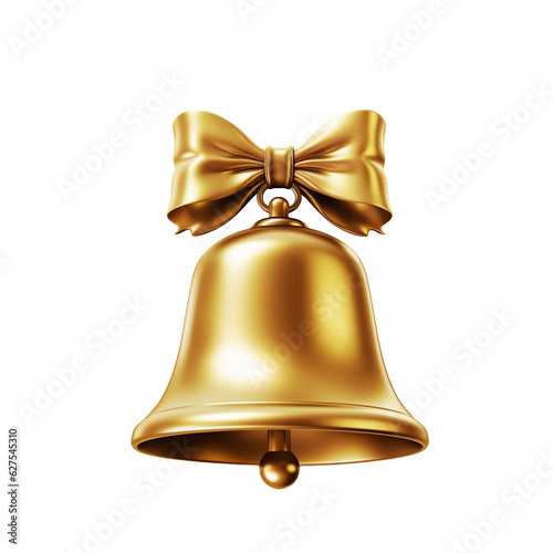A detailed image of a Christmas bell with a golden finish on a transparent background.