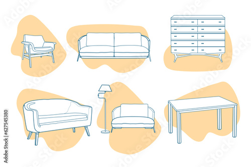 Outline of living room furniture vector illustrations set. Collection of line art cartoon drawings of sofas or couches, chairs, table and dresser or cabinet. Furniture, interior design concept