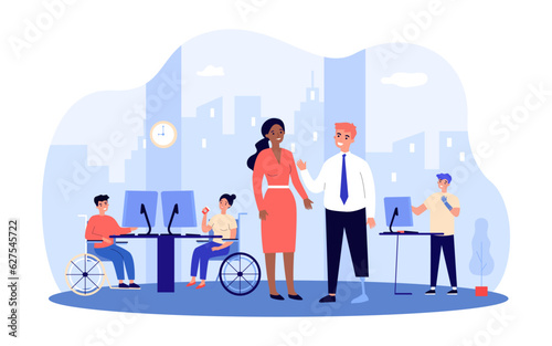 People with disabilities working in office vector illustration. Diverse coworkers using computers, communicating, having meetings with clients. Diversity, teamwork, inclusion, business concept