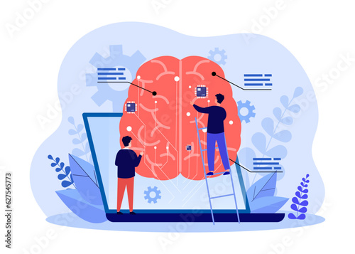 Human brain connected to computer vector illustration. IT engineers developing AI chatbot using innovative programming and algorithms. Artificial intelligence, machine learning concept