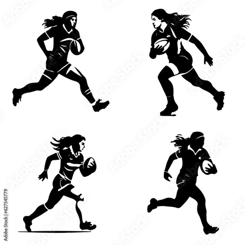 Simple 2d black silhouette rugby female player, black accents, flat, sharper, white background, vector