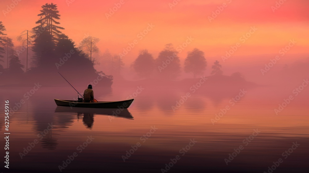 A lone fisherman in a boat, silhouetted against a mesmerizing pink dawn, with misty trees reflecting on the serene waters, misty lake