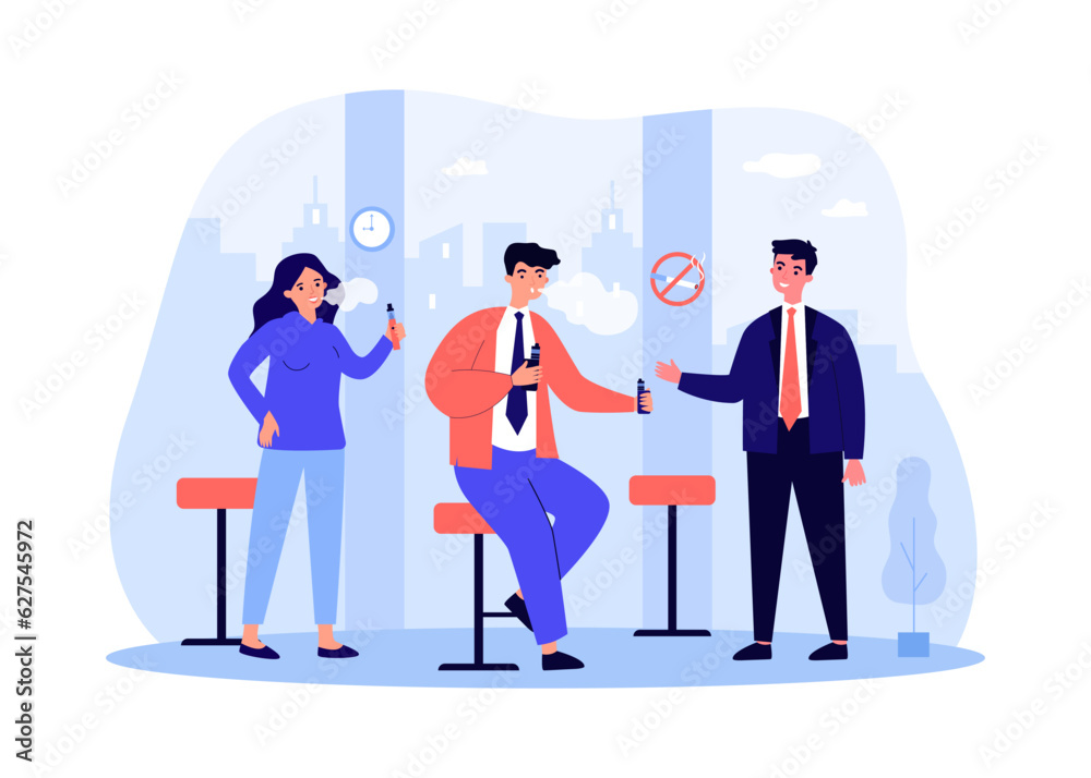 Coworkers offering man e-cigarette vector illustration. People switching from regular smoking to vape or electronic smoking to kick habit. Smoke-free country, use of e-cigarettes concept Coworkers offering man e-cigarette vector illustration. People switching from regular smoking to vape or electronic smoking to kick habit. Smoke-free country, use of e-cigarettes concept