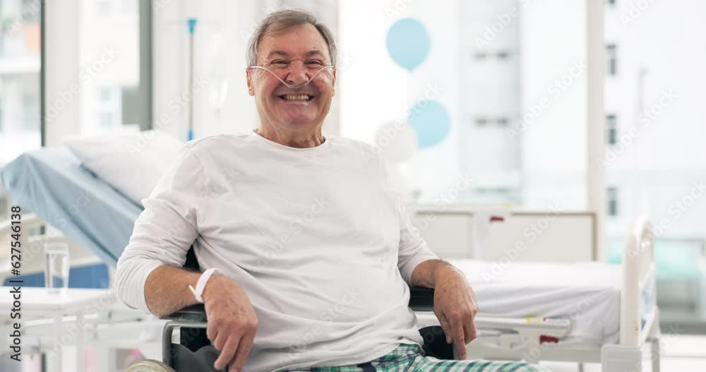 Sick, face and senior man in the hospital for oxygen machine during a medical treatment. Healthcare, medicine and portrait of an elderly male patient in retirement with a disease in a medicare clinic Sick, face and senior man in the hospital for oxygen machine during a medical treatment. Healthcare, medicine and portrait of an elderly male patient in retirement with a disease in a medicare clinic