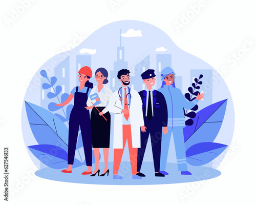 Happy public service workers vector illustration. Doctor, teacher, police officer, firefighter and builder or engineer ready to help people. Public sector work, occupation, community concept