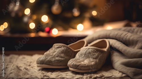Warm Winter Comfort: Cozy Slippers and a Soft Blanket on the Couch, with the Christmas Tree Adding a Festive Touch in the Background. Generative AI