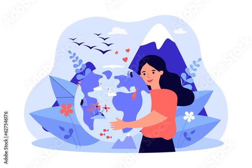 Kind woman hugging planet vector illustration. People protecting nature with animals, birds, mountains and oceans. Earth loving, climate protection, ecology concept