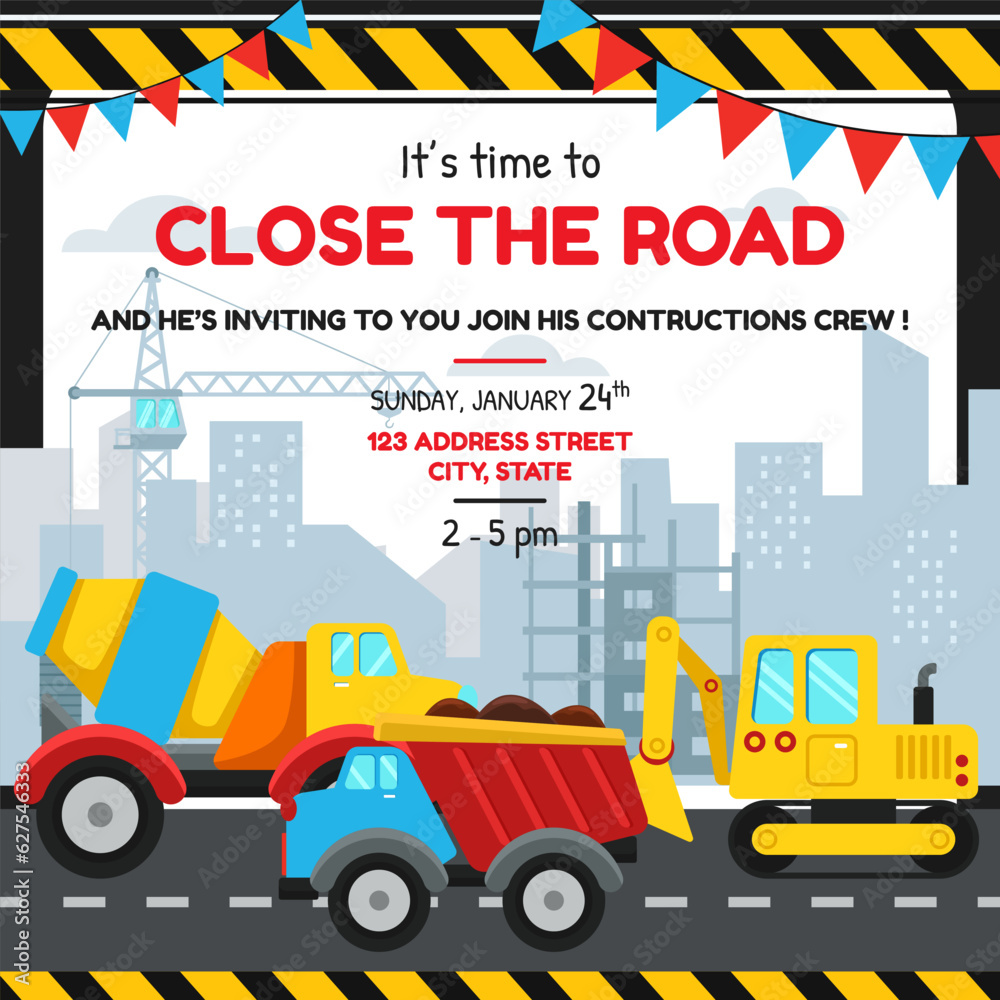 Construction Themed Party Invitation Card Vector Illustration