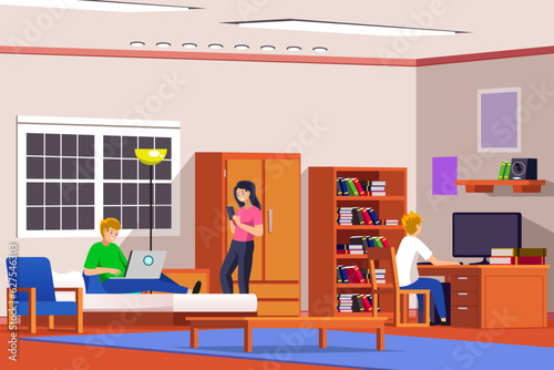 College Students in a College Dorm Room Vector Illustration