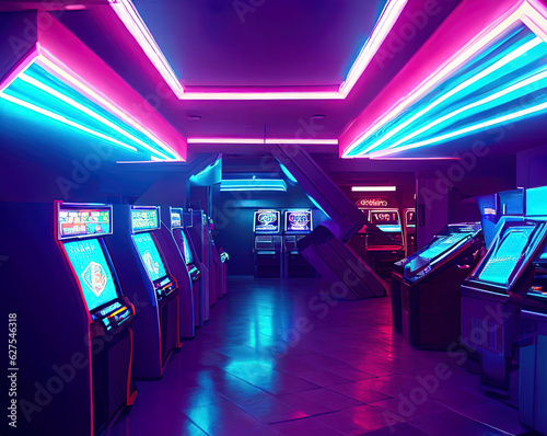 Video Arcade interior with neon light with Generative AI.