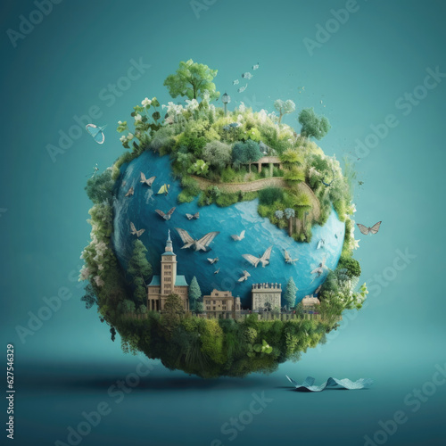 Planet earth background with nature design of earth planet globe with architecture and environment elements, plant, mountains, sea