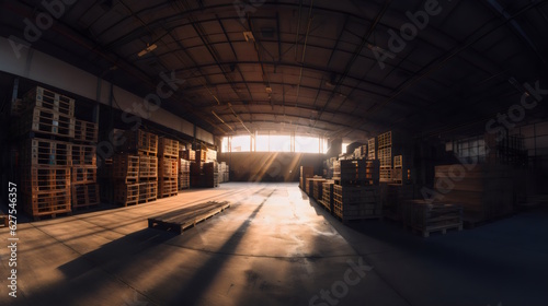 Golden Hour Warehouse: Panoramic Shot at Sunset with Long Shadows Caused by Stacks of Boxes, Basking in the Warm Glow of the Setting Sun. Generative AI