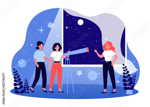 Happy students looking at stars at night vector illustration. Girls stargazing at home, using telescope, learning astronomy and watching stars fall. Astronomy, science, imagination concept