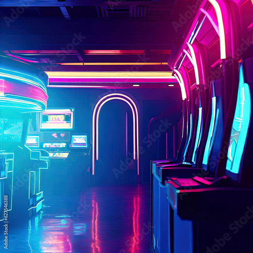 Video Arcade interior with neon light with Generative AI. © CarlosTamsui