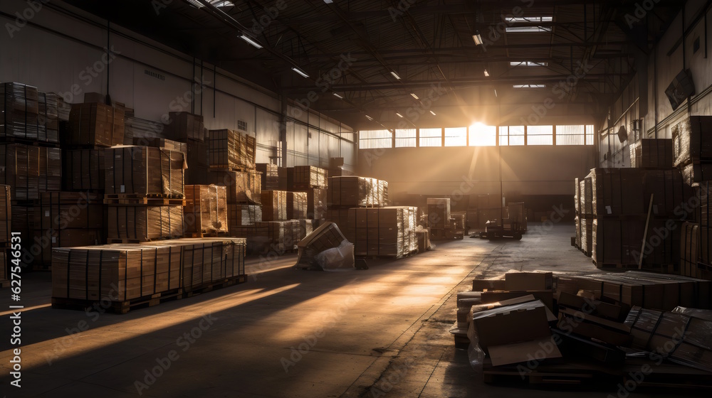 Golden Hour Warehouse: Panoramic Shot at Sunset with Long Shadows Caused by Stacks of Boxes, Basking in the Warm Glow of the Setting Sun. Generative AI Golden Hour Warehouse: Panoramic Shot at Sunset with Long Shadows Caused by Stacks of Boxes, Basking in the Warm Glow of the Setting Sun. Generative AI