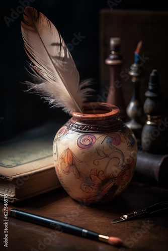 An Elvish Symbol-Carved Ebony Ink Pot with Silver Inlay, Multicolored Cloud Spills, Ornately Carved Quill, on Cream Parchment Background. Generative AI