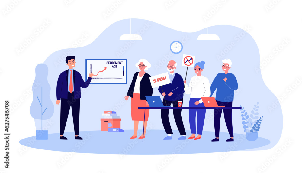 People protesting against pension reforms vector illustration. Politician announcing raise of retirement age, dissatisfied senior people arguing. Pension reform, senior life concept