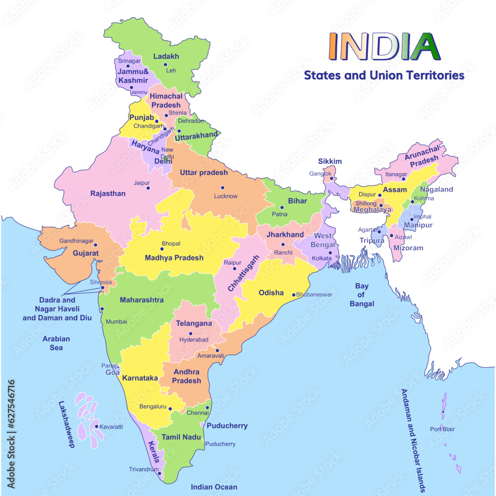 Detailed vector Illustration of New India map with all states and union territories boundaries