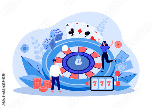 Couple celebrating victory in casino vector illustration. Happy woman dancing on roulette. Money, cards, coins, slot machine, dices around. Gambling resort, casino, entertainment concept