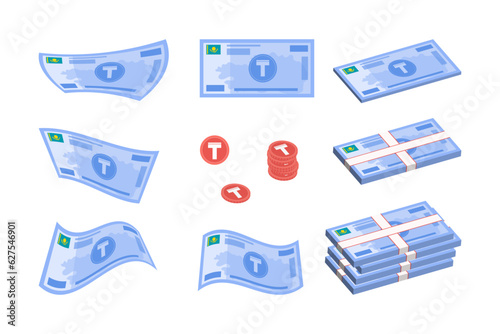 Packs of Kazakh Tenge banknotes vector illustrations set. Pile of coins, bills curving and falling. Financial analytics, financial management, deposit, accumulation and inheritance concept
