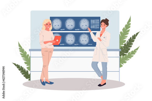 Doctors examining MRI scans pf patients vector illustration. Cartoon drawing of medical staff studying X-Rays for diagnostic report in hospital or clinic. Healthcare, medicine, diagnosis concept