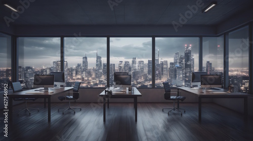Productivity at Its Finest  A Sleek Office Space with Tidy Desks  High-End Technology  and a Breathtaking Cityscape View  Perfect for Boosting Efficiency and Inspiring Creativity. Generative AI
