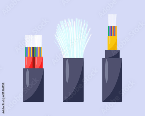 Different fiber optical cables vector illustration. Modern network technology, glowing wires for connecting digital devices and transfer data. Speed data connection, telecommunication concept