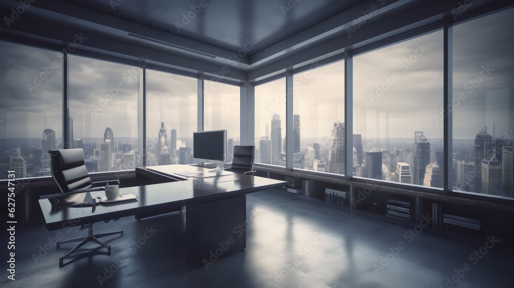 Productivity at Its Finest: A Sleek Office Space with Tidy Desks, High-End Technology, and a Breathtaking Cityscape View, Perfect for Boosting Efficiency and Inspiring Creativity. Generative AI