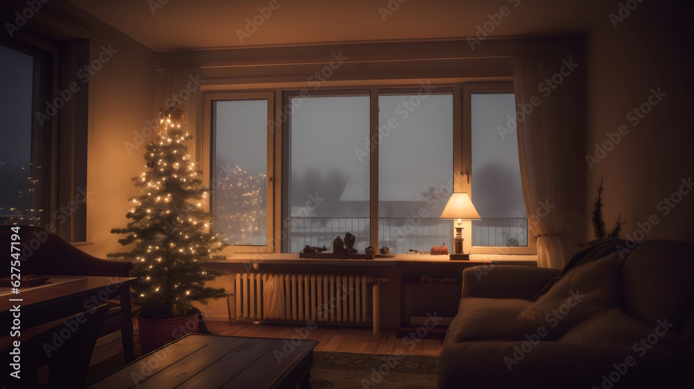 Winter Cozy Living Room: White Seats and Sofa with Round Light Brown Rugs, Glass Table, and Wooden Bookshelf Filled with Books, View of Snowy Landscapes Outside the Window. Generative AI