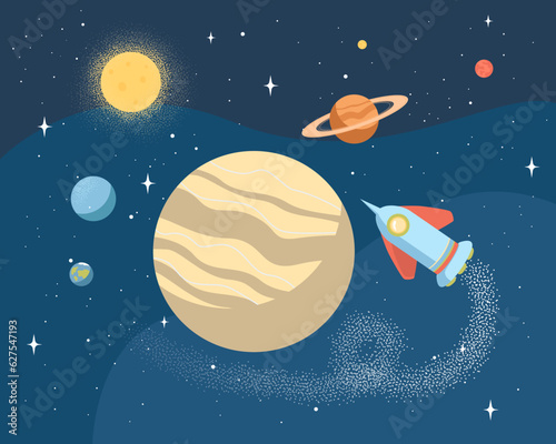 Rocket flying toward Jupiter vector illustration. European satellite in outer space among different stars and planets. Moons mission, space exploration, science concept