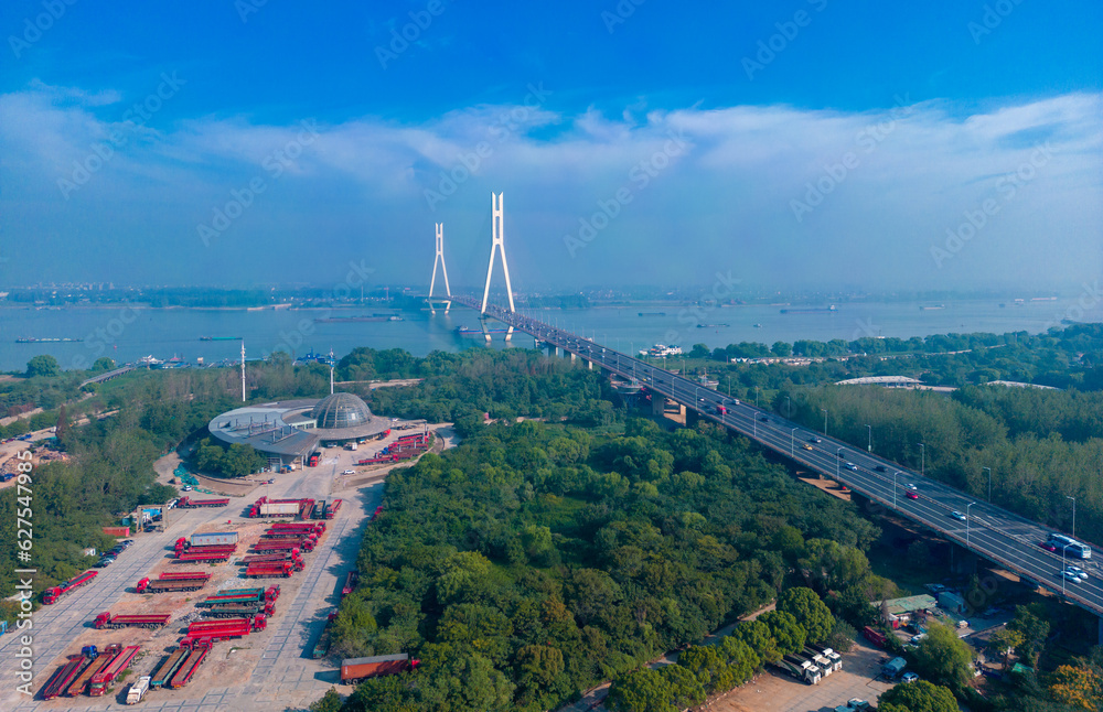 An aerial view of the Baguazhou Bridge over the Yangtze River in Nanjing, China