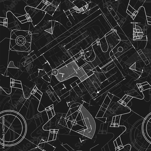 Mechanical engineering drawings on black background. Cutting tools, milling cutter. Technical Design. Cover. Blueprint. Seamless pattern. Vector illustration.
