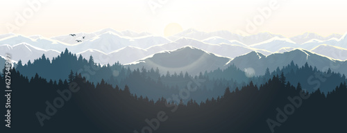 Mountain landscape in the morning and evening. Vector illustration of mountains and pine forest, showing the sun in the morning.