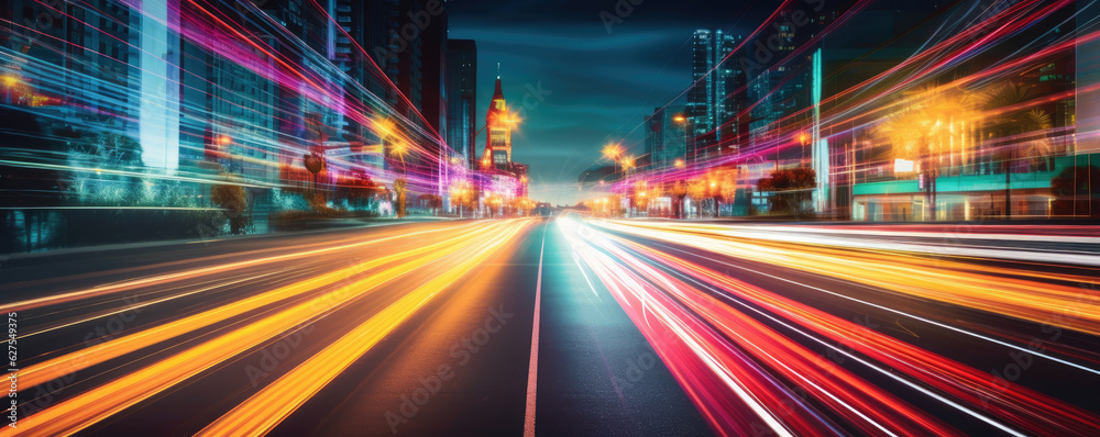 Long exposure of car lights at night on city streets. Generative AI