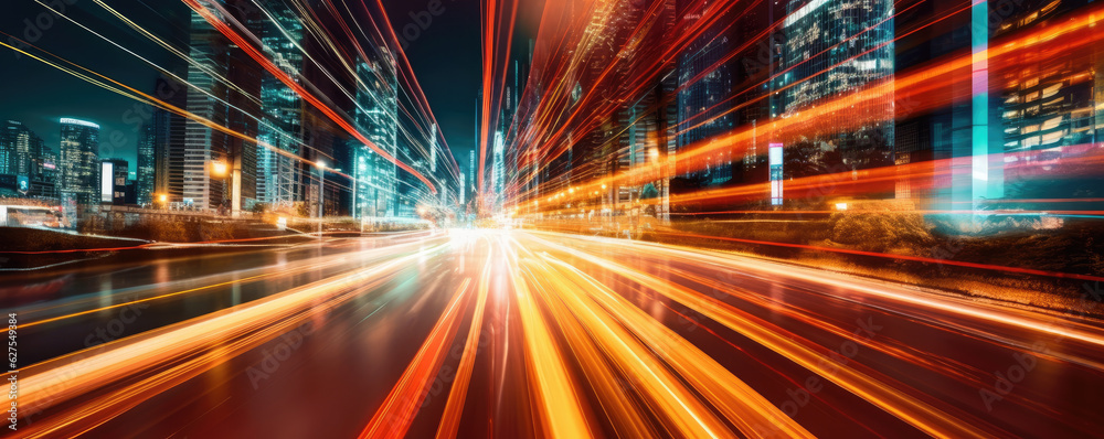 Fototapeta premium Long exposure of car lights at night on city streets. Generative AI
