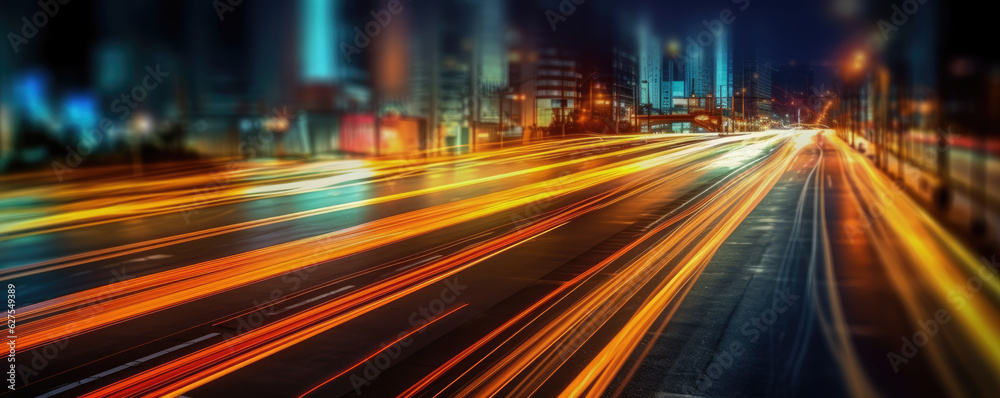 Long exposure of car lights at night on city streets. Generative AI Long exposure of car lights at night on city streets. Generative AI